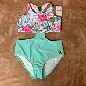 HURLEY Blue and Pink Floral Pastel Full Coverage Swimsuit with Cut-outs - Size L